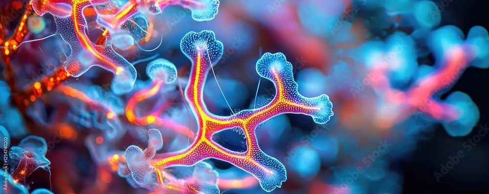 Poster microscopic ocean life microscopic concept. intricate close-up of colorful molecular structures in a