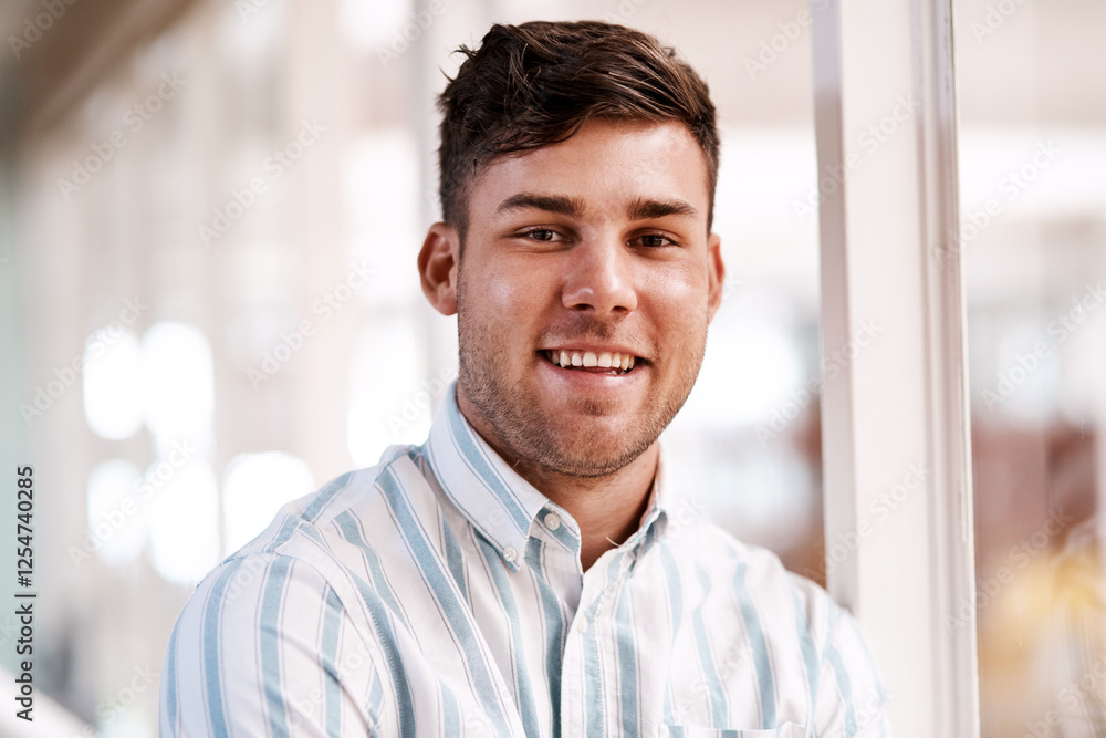 Poster creative, office and portrait of happy man with confidence opportunity and inspiration in startup de