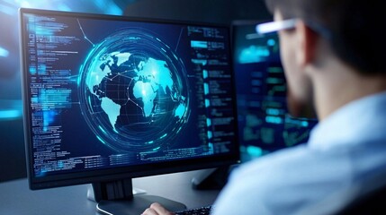 Ai in education concept. Futuristic data analysis with a global map on computer screen.