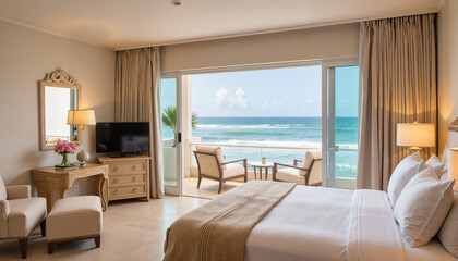 Fototapeta premium Elegant honeymoon suite with ocean view, romantic getaway