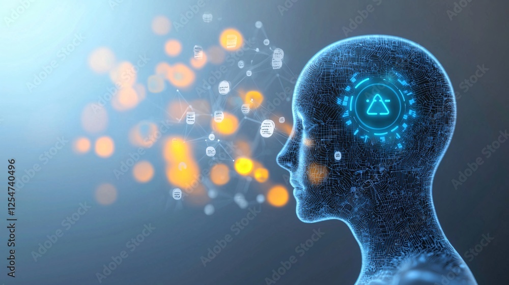 Poster ai in education concept. digital human head with abstract data visualization and icons.