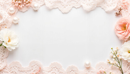 Elegant pearl and lace wedding border with soft flowers, refined decor