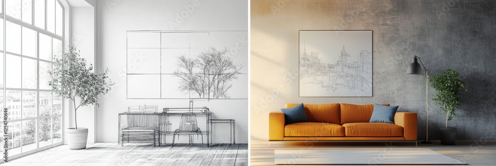 Poster before and after view of room transformation highlighting old dark design versus bright modern aesth