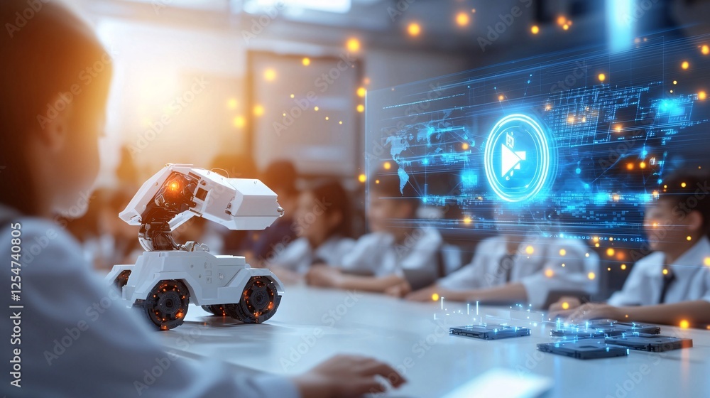 Poster ai in education concept. a child interacts with a robotic device in a classroom setting.