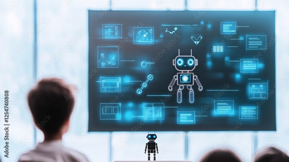 Poster ai in education concept. a child observing a robot display on a digital screen.