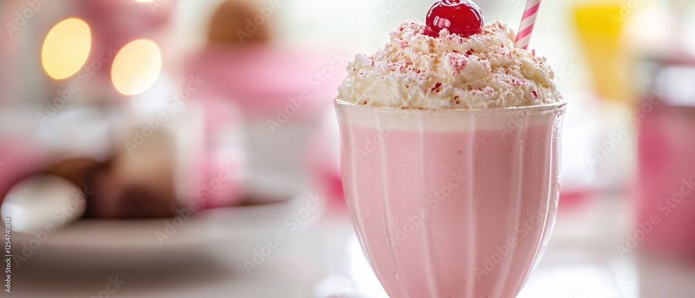 Poster pink milkshake with whipped cream and cherry on top in a retro diner setting with bokeh lights