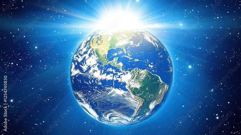 Poster a luminous earth bathed in celestial light, surrounded by space dust, with an open text field.