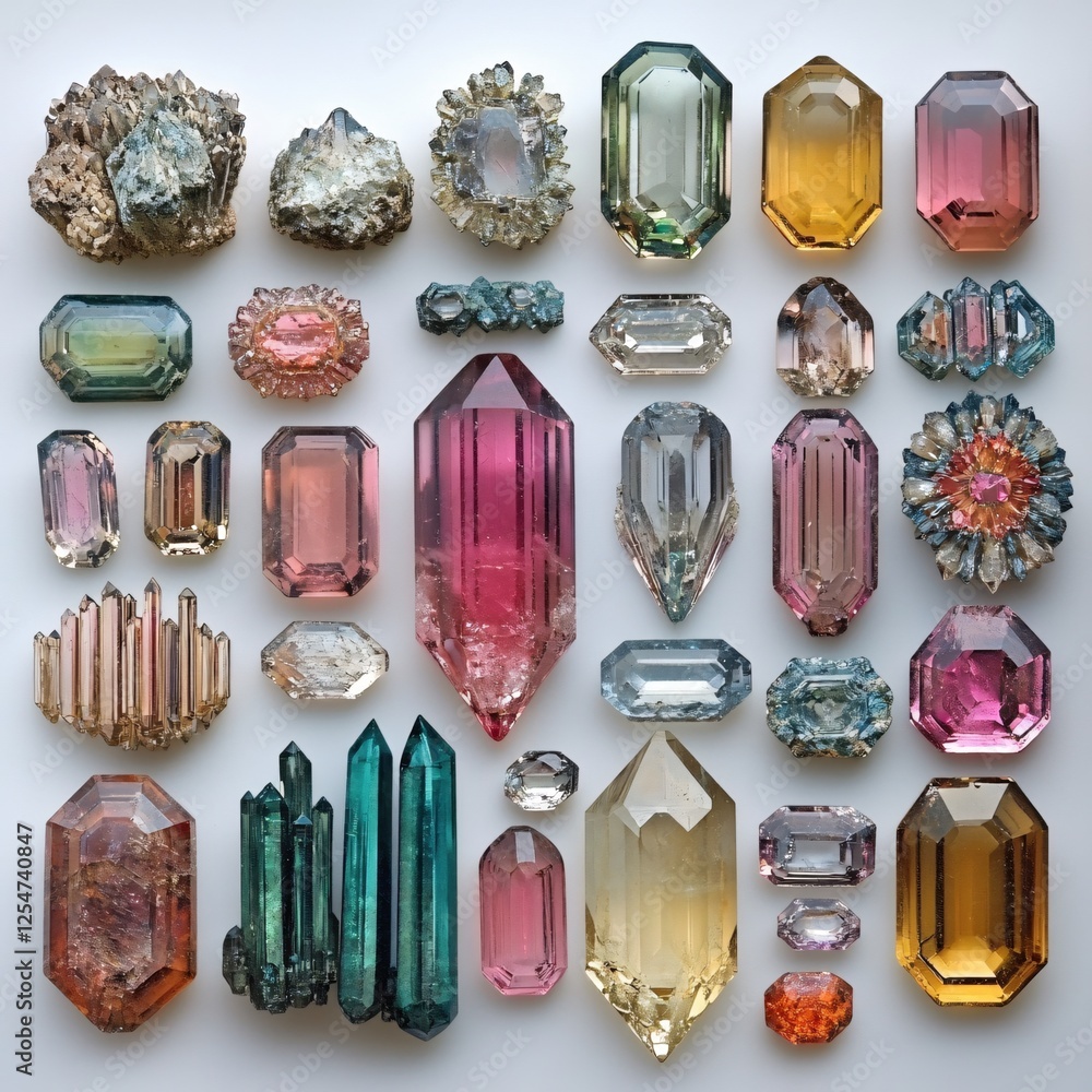 Poster assorted gems and crystals in various colors and shapes arranged on a white background