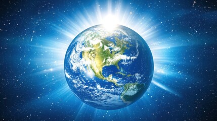 Fototapeta premium A luminous Earth bathed in celestial light, surrounded by space dust, with an open text field.