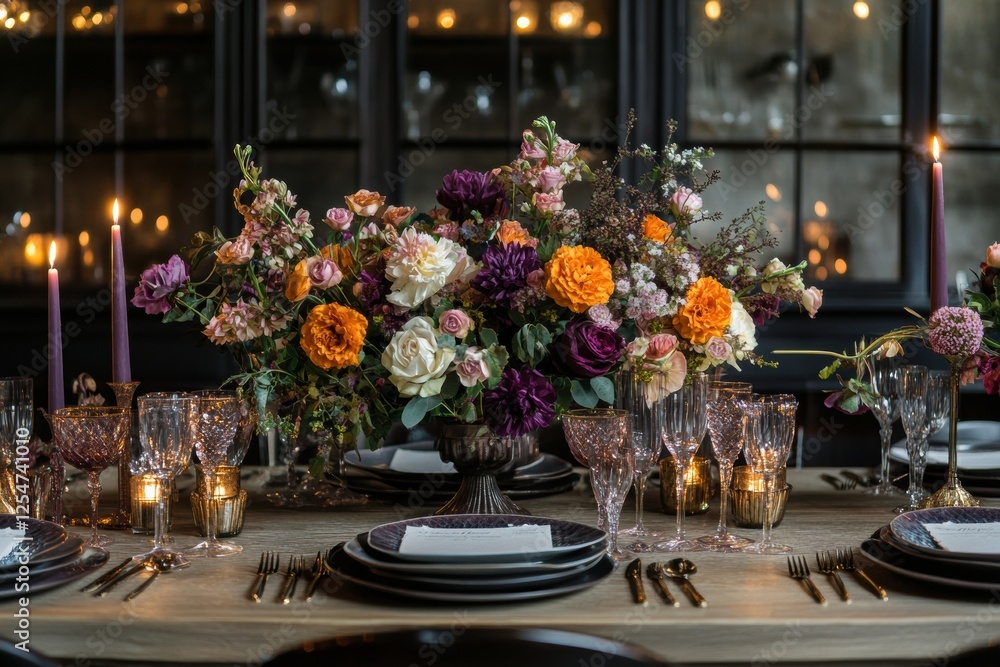Poster festive dining table set for a celebration with elegant tableware and beautiful flower arrangements.