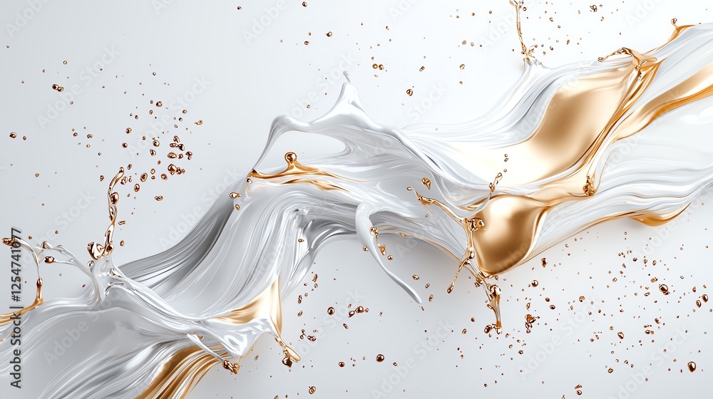 Poster abstract flowing swirl of white and gold paint with splashes creating a dynamic, luxurious design on