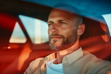 Man enjoying a moment of reflection while sitting in a luxury car with soft sunlight illuminating his features