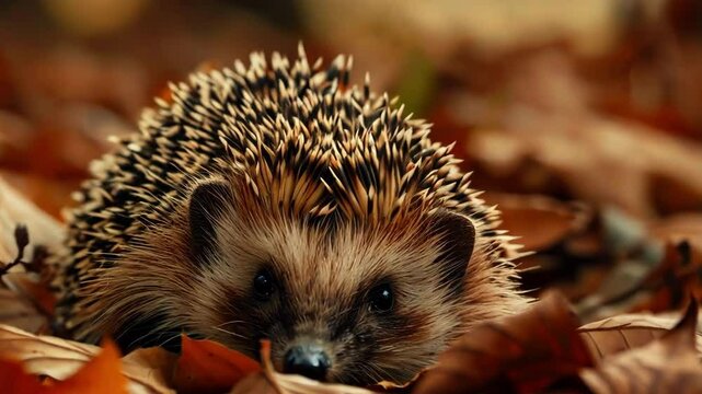 Adorable hedgehog nestled among autumn leaves in a forest setting AI