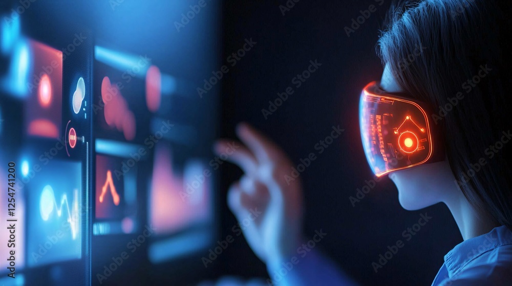 Poster ai in education concept. futuristic user interacting with digital interface and virtual reality head
