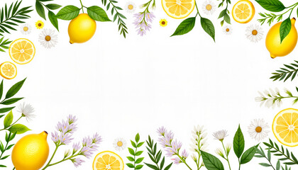 Fresh lemon and flowers border design, uplifting nature concept