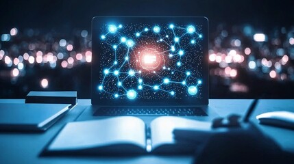 Ai in education concept. Futuristic laptop displaying a digital network against a city backdrop.