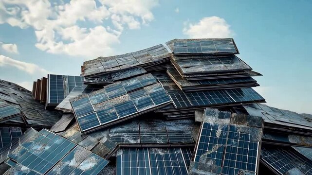 Stack of broken solar panels for mass production, End of life renewable energy hardware	