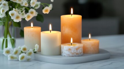 A serene arrangement of lit candles in various sizes on a marble tray, complemented by fresh flowers