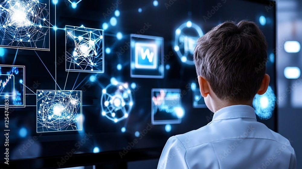 Poster ai in education concept. a child interacting with a digital screen displaying connections.