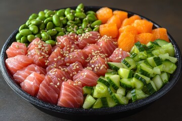 Delicious vibrant tuna poke bowl with avocado and edamame urban kitchen food indoor gourmet freshness