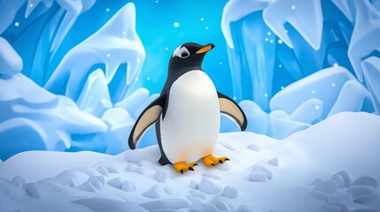 Obraz premium Cute Cartoon Penguin in Snowy Landscape
