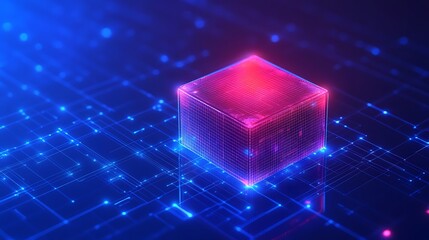 Abstract 3D Cube with Neon Glow on Digital Background in Blue and Pink Tones for Futuristic Concepts