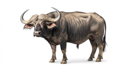 Fototapeta premium A powerful African buffalo standing tall, showcasing its massive curved horns and muscular build, isolated on a white background