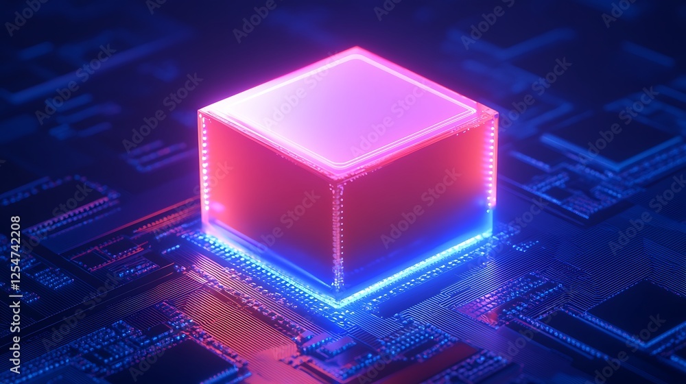 Poster abstract digital cube on circuit board with neon glow and futuristic design for technology concepts