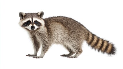 Obraz premium A raccoon (Procyon lotor) standing upright, showcasing its bushy tail, distinctive mask-like facial markings, and curious expression