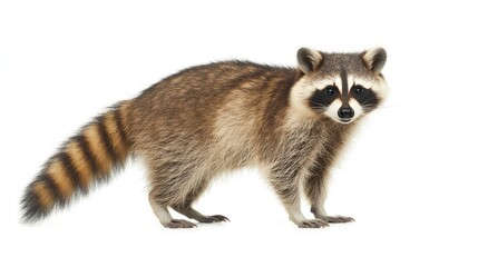 Obraz premium A raccoon (Procyon lotor) standing upright, showcasing its bushy tail, distinctive mask-like facial markings, and curious expression