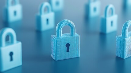 Abstract representation of multiple blue digital padlocks on a smooth surface illustrating data security and protection.