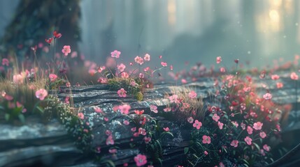 Delicate wildflowers blooming in the cracks of an old log, adding a natural touch to decaying wood.