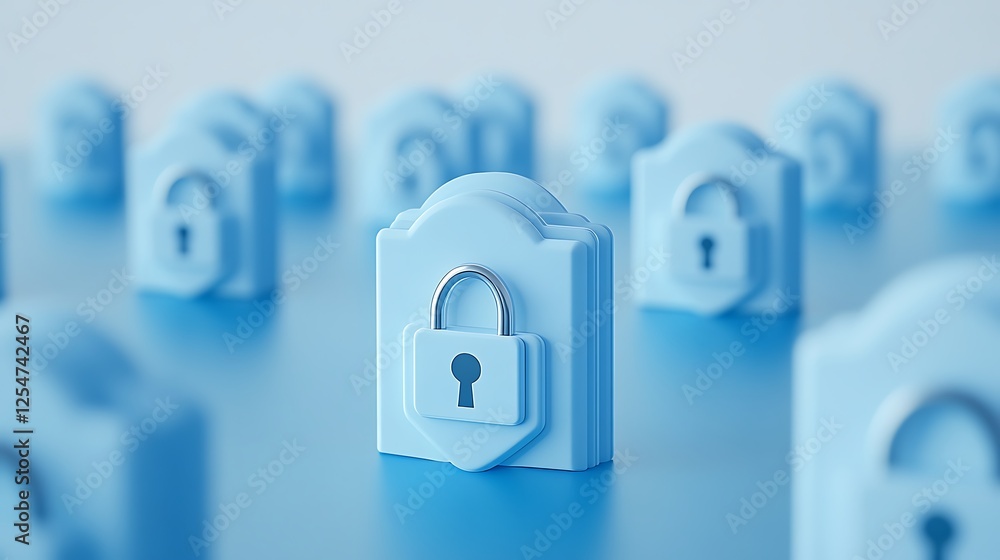 Poster blue and white lock icons on a soft background representing digital security and privacy protection 