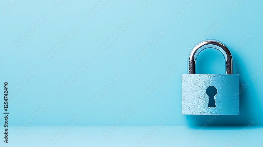Poster blue background with metallic padlock and keyhole symbolizing security and safety in digital and phy