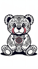 Cute bear with intricate floral designs sits cheerfully on a plain background showcasing artistic creativity