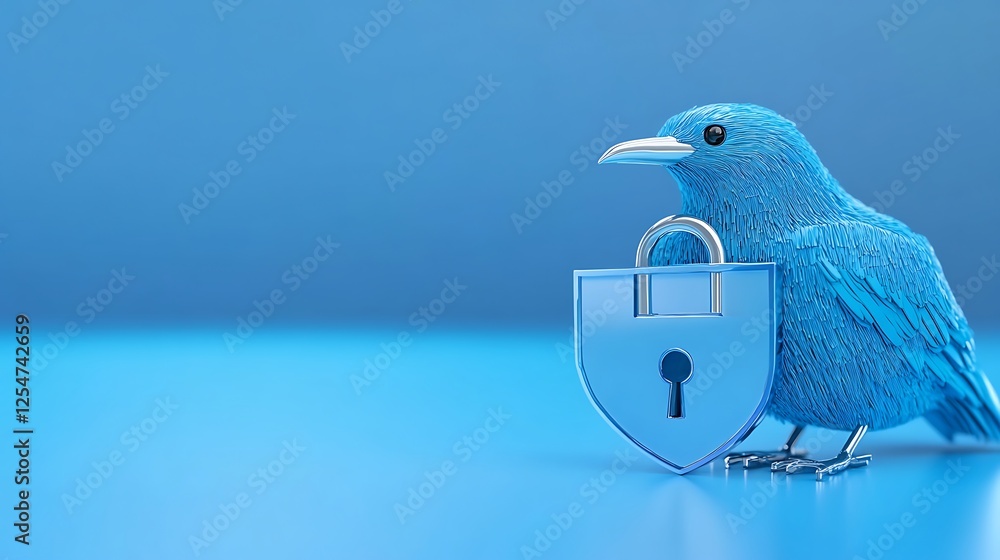 Poster blue bird with a shield displaying a lock symbol representing security and protection concepts in di