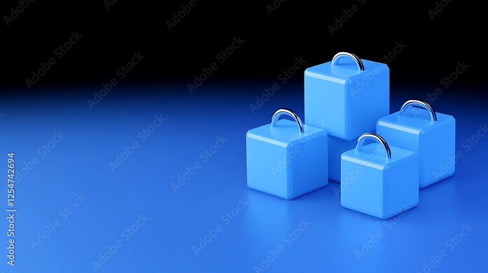 Poster blue cubes with handles on a gradual dark to light blue background for abstract conceptual use