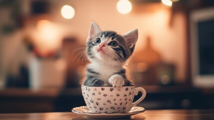 A tiny gray and white kitten sitting inside a teacup, looking up with curious eyes, surrounded by a cozy kitchen setting with warm lighting