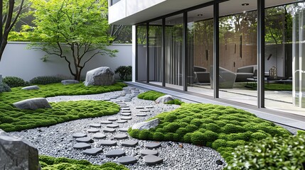 Obraz premium Modern backyard garden in home, feuturing beautiful sitting place