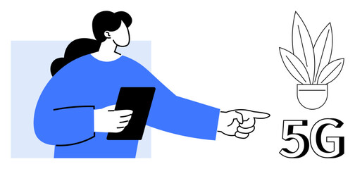 Individual with ponytail holding tablet, pointing towards plant and 5G text. Ideal for technology, connectivity, innovation, education, networking, communication future concepts. Abstract line flat
