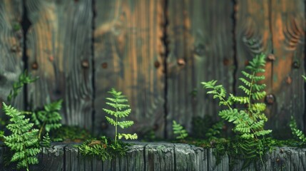 Low-angle perspective of small ferns sprouting from the fissures of a weathered wooden fence, blending into the rustic background.