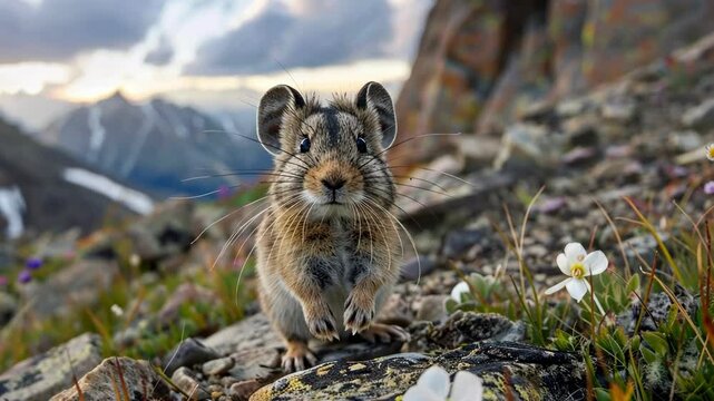 Curious pika exploring rocky alpine meadow in mountainous landscape AI