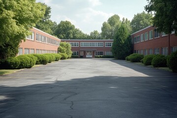Obraz premium Abandoned school building surrounded by overgrown greenery on a bright sunny day