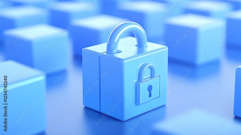 Poster blue lock with keyhole surrounded by cubes in a modern digital security concept image
