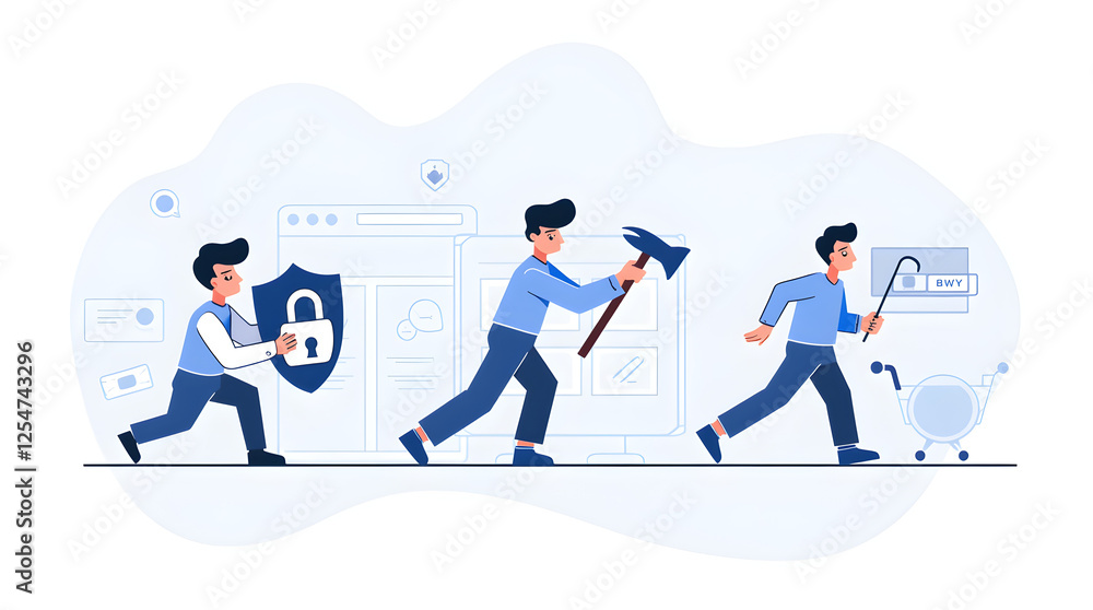 Poster cyber security threat: hacker breaking through online security with hammer & crowbar to steal data -