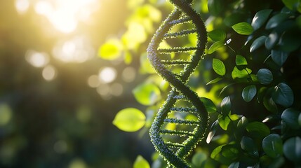 A DNA double helix made of green leaves with sunlight