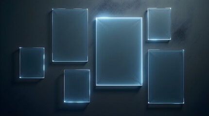 Abstract Glass Panels on Dark Background: Modern Minimalist Design with Glowing Edges, Transparent Rectangles, Contemporary Wall Art, Stock Photo