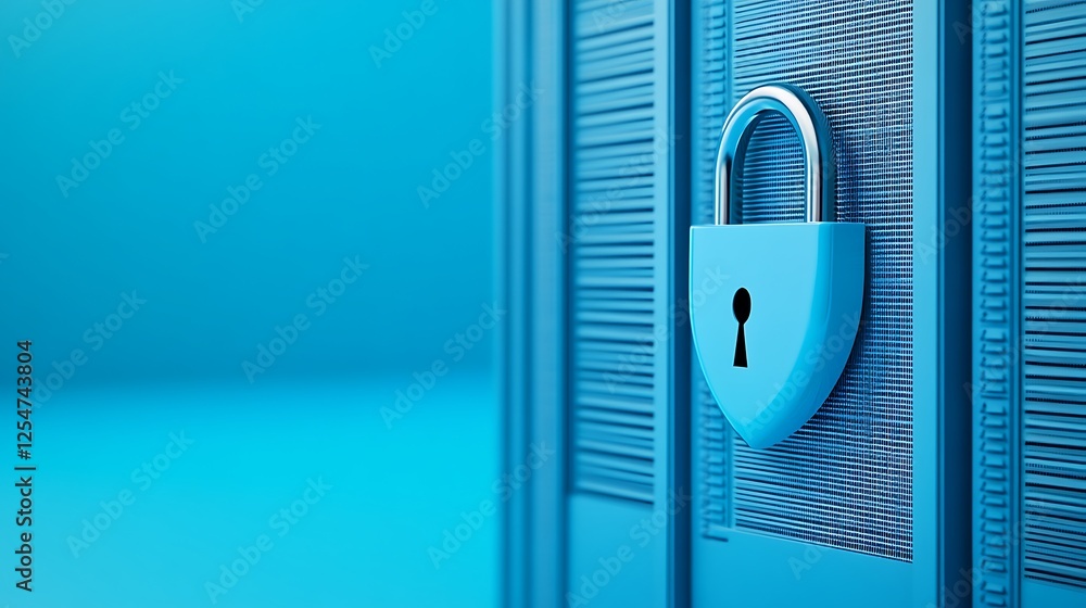 Poster blue padlock on door with a keyhole against a soft color background symbolizing security and protect