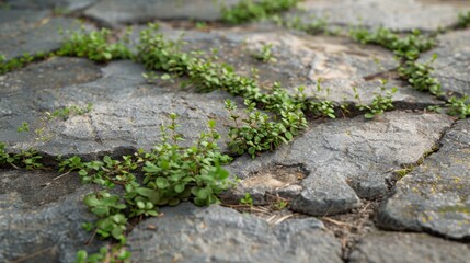Low-angle view of creeping thyme spreading across cracks in a stone patio, creating a fragrant and textured ground cover.