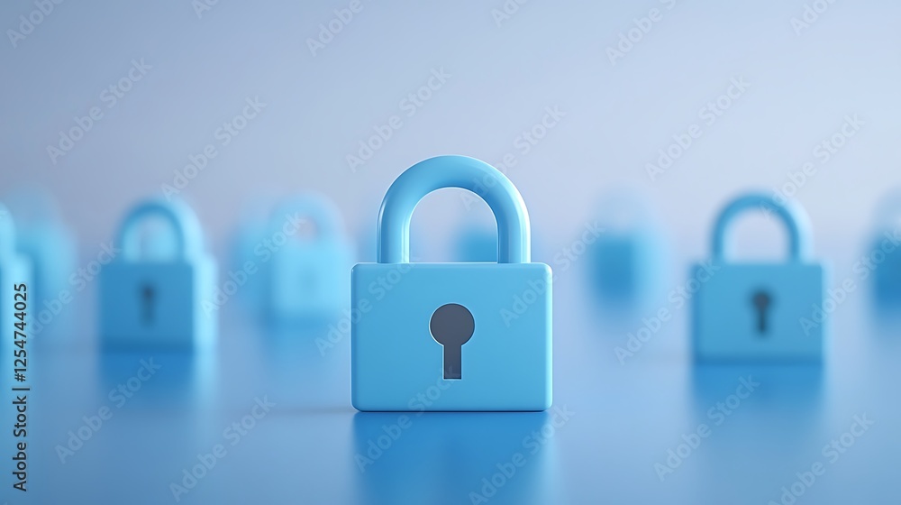 Poster blue padlock placed in front of a blurred background with multiple locks, symbolizing security and p
